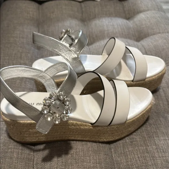 Miu Miu White and Silver Sandals with Wedge Heel and Rhinestone Embellishment