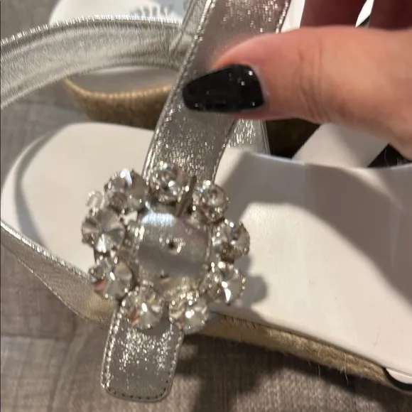Miu Miu White and Silver Sandals with Wedge Heel and Rhinestone Embellishment