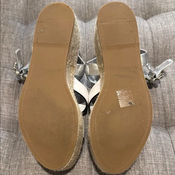 Miu Miu White and Silver Sandals with Wedge Heel and Rhinestone Embellishment