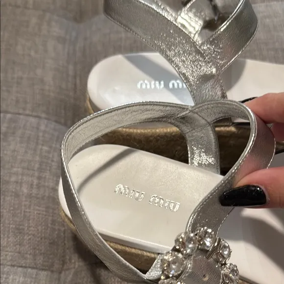 Miu Miu White and Silver Sandals with Wedge Heel and Rhinestone Embellishment