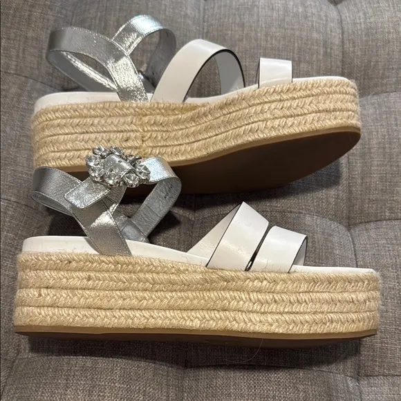 Miu Miu White and Silver Sandals with Wedge Heel and Rhinestone Embellishment