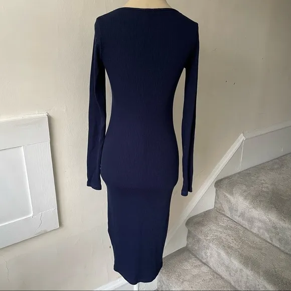 MONROW Blue Rib Knit Square Neck Long Sleeve Midi Bodycon Dress EUC Sz XS HD0441