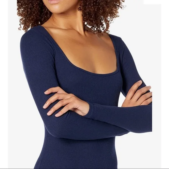 MONROW Blue Rib Knit Square Neck Long Sleeve Midi Bodycon Dress EUC Sz XS HD0441