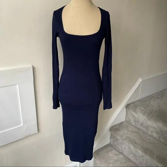 MONROW Blue Rib Knit Square Neck Long Sleeve Midi Bodycon Dress EUC Sz XS HD0441