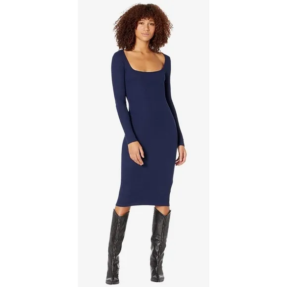 MONROW Blue Rib Knit Square Neck Long Sleeve Midi Bodycon Dress EUC Sz XS HD0441