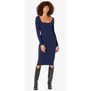 MONROW Blue Rib Knit Square Neck Long Sleeve Midi Bodycon Dress EUC Sz XS HD0441