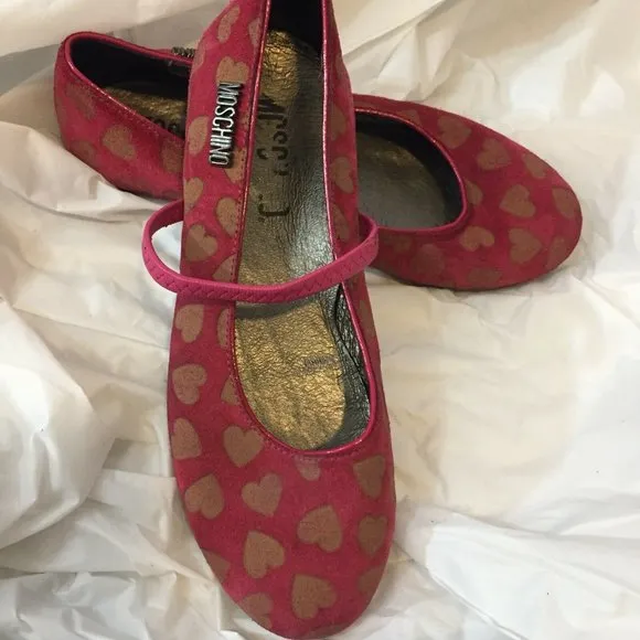 Moschino Suede/Leather Mary Jane Ballerina Flats Heart Design Girls Youth 4.5