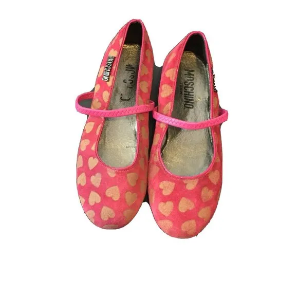 Moschino Suede/Leather Mary Jane Ballerina Flats Heart Design Girls Youth 4.5