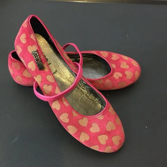Moschino Suede/Leather Mary Jane Ballerina Flats Heart Design Girls Youth 4.5