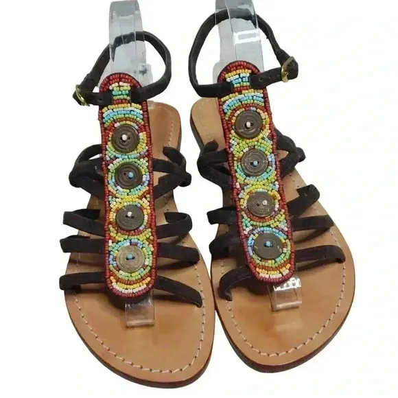 Mystique Beaded Gladiator Sandals Flats Ankle T-Strap Leather Women’s Size 7