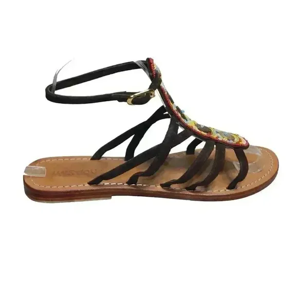 Mystique Beaded Gladiator Sandals Flats Ankle T-Strap Leather Women’s Size 7