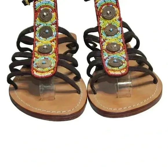 Mystique Beaded Gladiator Sandals Flats Ankle T-Strap Leather Women’s Size 7