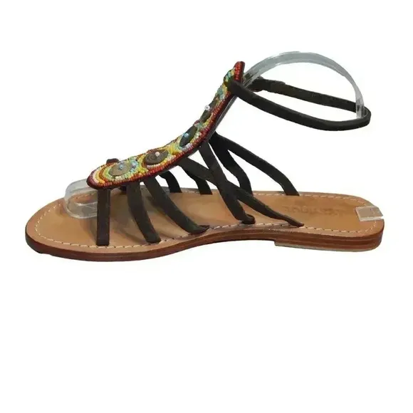 Mystique Beaded Gladiator Sandals Flats Ankle T-Strap Leather Women’s Size 7