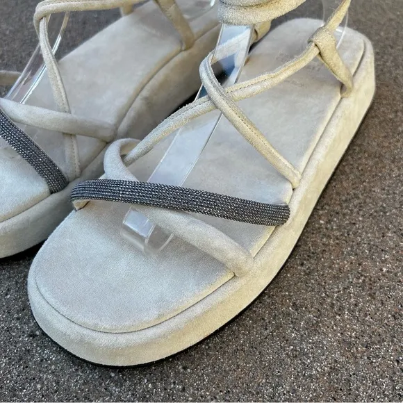 NEW $1,150~BRUNELLO CUCINELLI~Monili Crystal Ankle Tie Platform Sandals~8.5/9/39