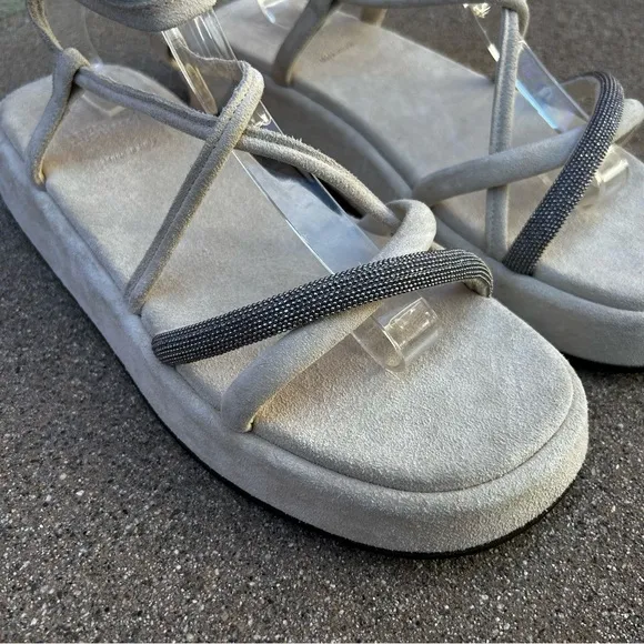 NEW $1,150~BRUNELLO CUCINELLI~Monili Crystal Ankle Tie Platform Sandals~8.5/9/39