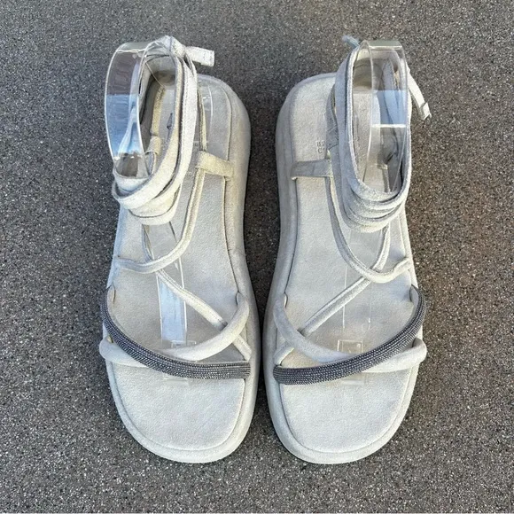 NEW $1,150~BRUNELLO CUCINELLI~Monili Crystal Ankle Tie Platform Sandals~8.5/9/39