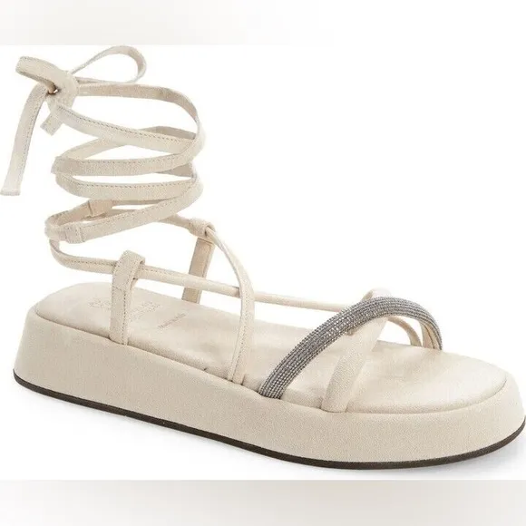 NEW $1,150~BRUNELLO CUCINELLI~Monili Crystal Ankle Tie Platform Sandals~8.5/9/39