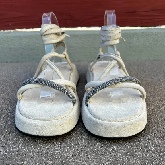 NEW $1,150~BRUNELLO CUCINELLI~Monili Crystal Ankle Tie Platform Sandals~8.5/9/39