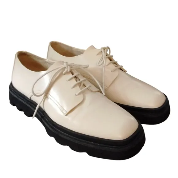 NEW Anthropologie Maeve Cream Lace-Up Lug Sole Oxford Flats Size 10