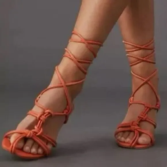 NEW Anthropologie Orange Leather Strappy Wrap Heeled Sandals US 6