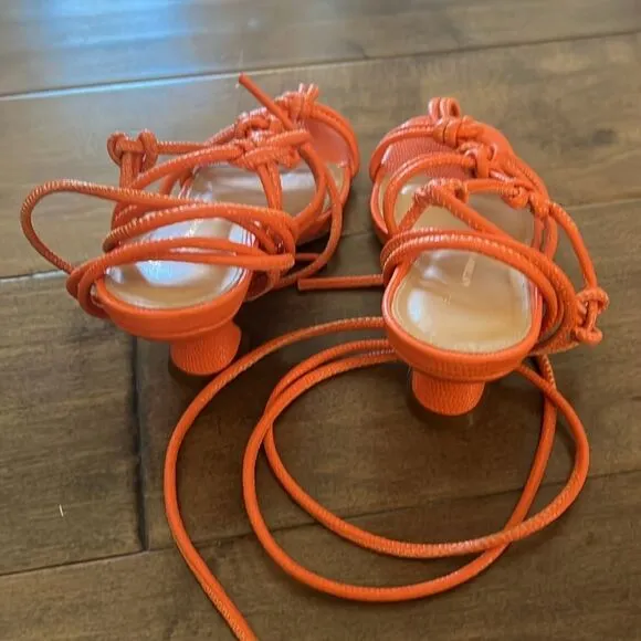 NEW Anthropologie Orange Leather Strappy Wrap Heeled Sandals US 6