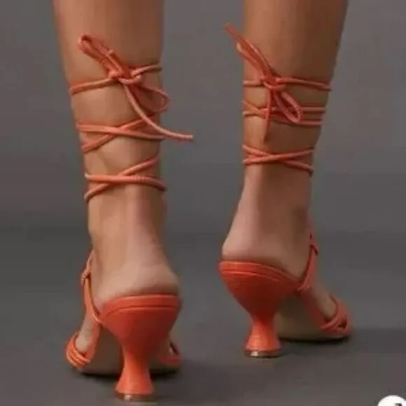 NEW Anthropologie Orange Leather Strappy Wrap Heeled Sandals US 6