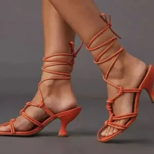 NEW Anthropologie Orange Leather Strappy Wrap Heeled Sandals US 6