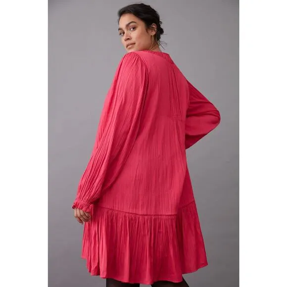New Anthropologie Sabia Flounced Long Sleeve Tunic Dress $148 Size SMALL Pink