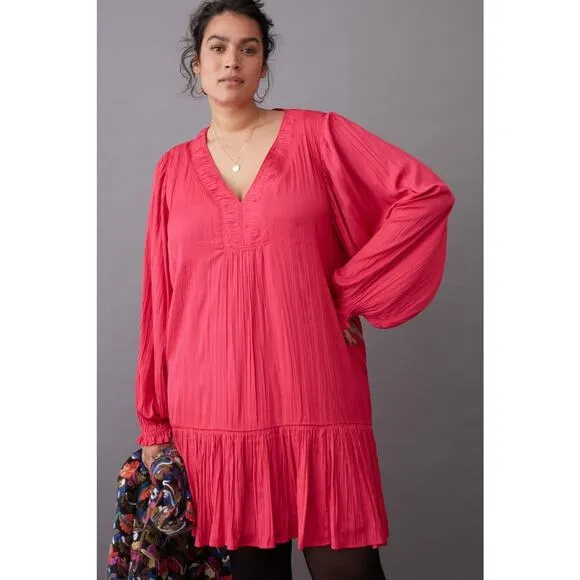 New Anthropologie Sabia Flounced Long Sleeve Tunic Dress $148 Size SMALL Pink