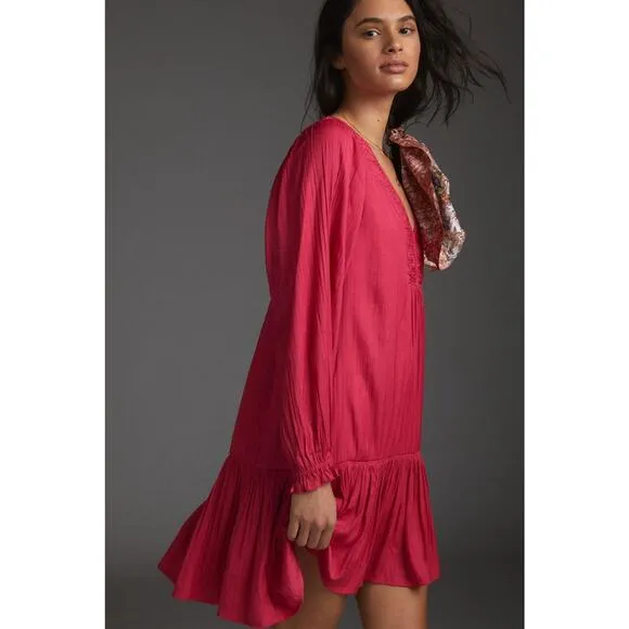 New Anthropologie Sabia Flounced Long Sleeve Tunic Dress $148 Size SMALL Pink
