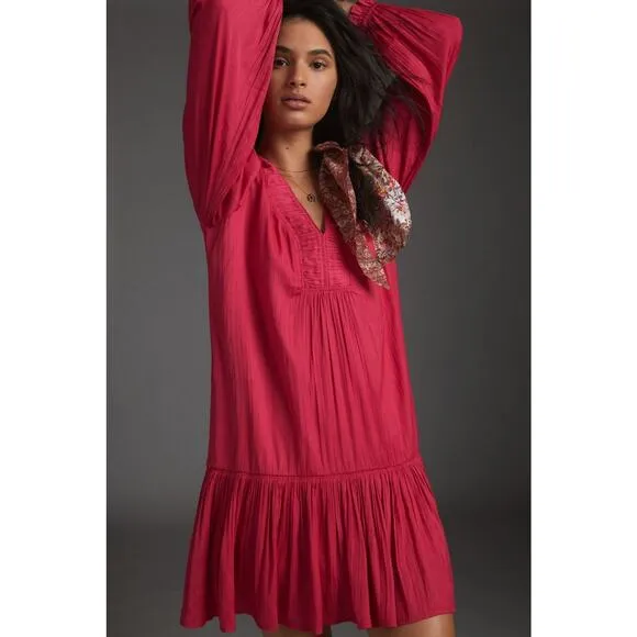 New Anthropologie Sabia Flounced Long Sleeve Tunic Dress $148 Size SMALL Pink