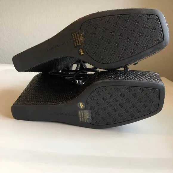 New ANTONIO MELANI Black Ankle Wrap Tie Sandal Espadrille Wedge Gladiator 10