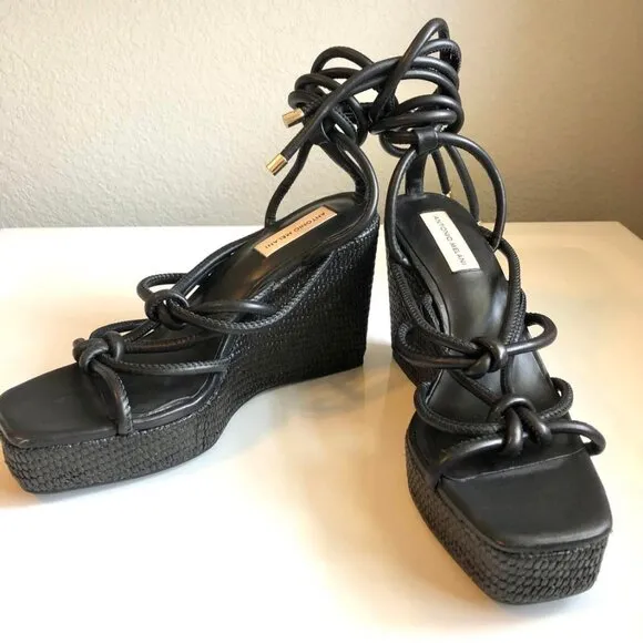 New ANTONIO MELANI Black Ankle Wrap Tie Sandal Espadrille Wedge Gladiator 10