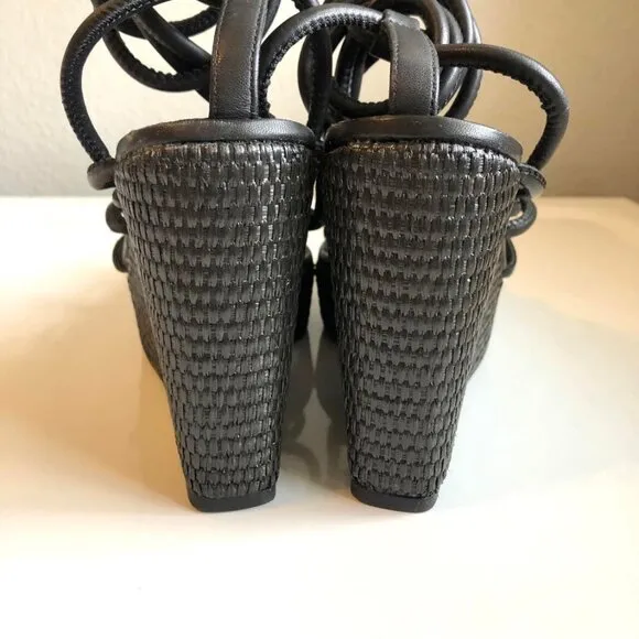 New ANTONIO MELANI Black Ankle Wrap Tie Sandal Espadrille Wedge Gladiator 10