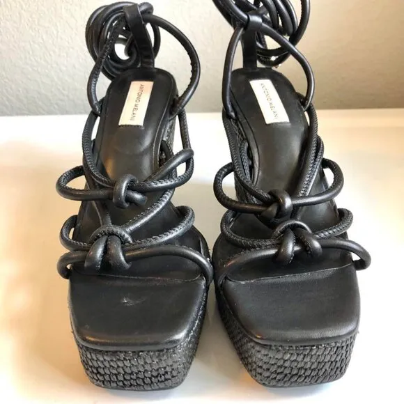 New ANTONIO MELANI Black Ankle Wrap Tie Sandal Espadrille Wedge Gladiator 10