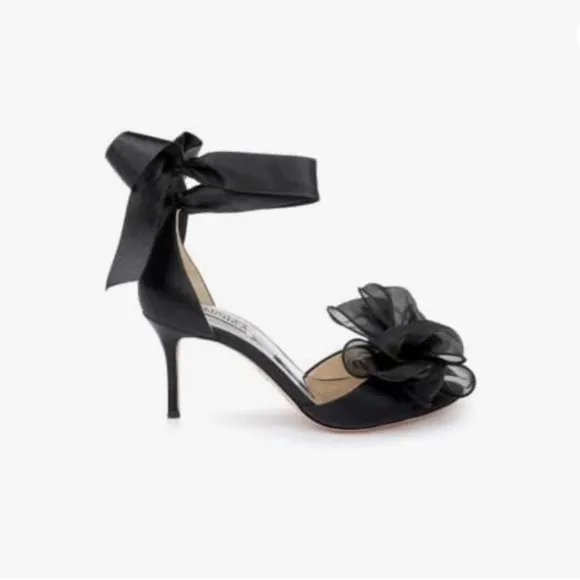 NEW - BADGLEY MISCHKA Neryssa Satin Ankle-wrap Bow Sandals In Black Satin