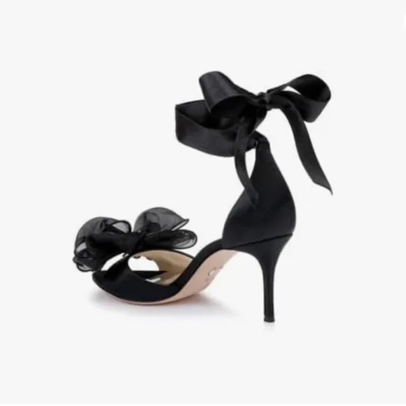 NEW - BADGLEY MISCHKA Neryssa Satin Ankle-wrap Bow Sandals In Black Satin