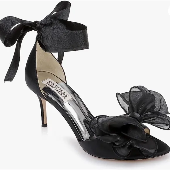 NEW - BADGLEY MISCHKA Neryssa Satin Ankle-wrap Bow Sandals In Black Satin