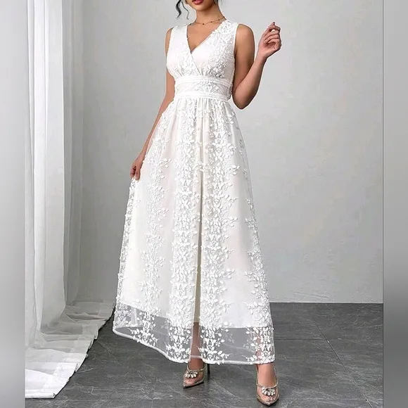 New Beautiful Sheer Floral Lace Overlay Wrap Top Banded Waist Maxi Dress White