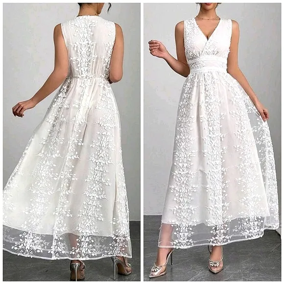 New Beautiful Sheer Floral Lace Overlay Wrap Top Banded Waist Maxi Dress White