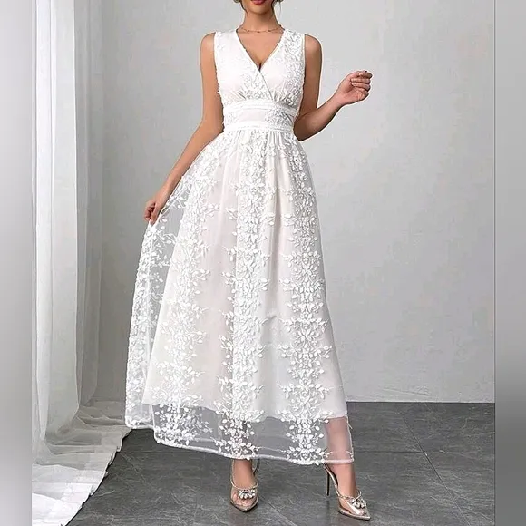 New Beautiful Sheer Floral Lace Overlay Wrap Top Banded Waist Maxi Dress White