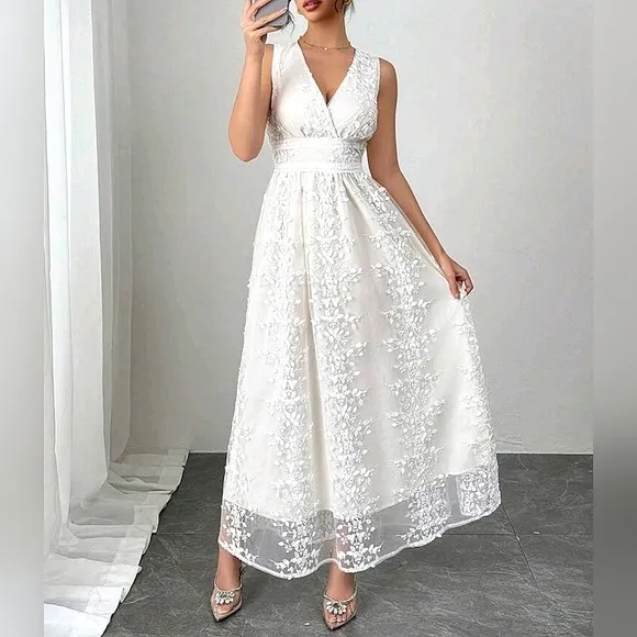 New Beautiful Sheer Floral Lace Overlay Wrap Top Banded Waist Maxi Dress White