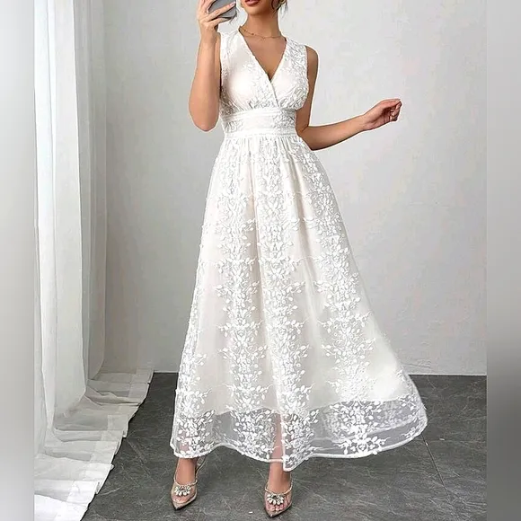 New Beautiful Sheer Floral Lace Overlay Wrap Top Banded Waist Maxi Dress White