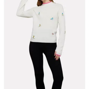 NEW BRODIE CASHMERE ski embroidery mock neck top in ice water