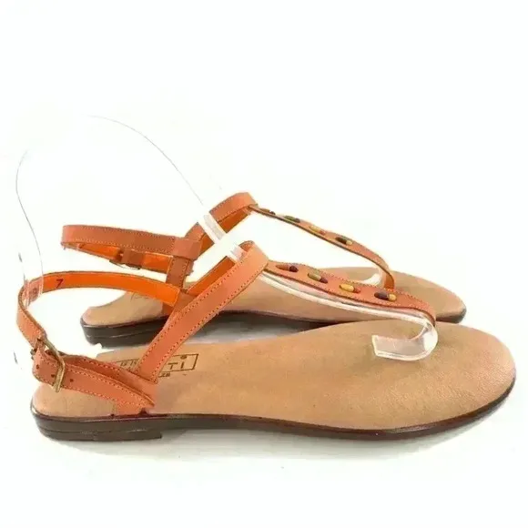 New Bruno Valenti womens sandals size 7 orange leather t-strap gem