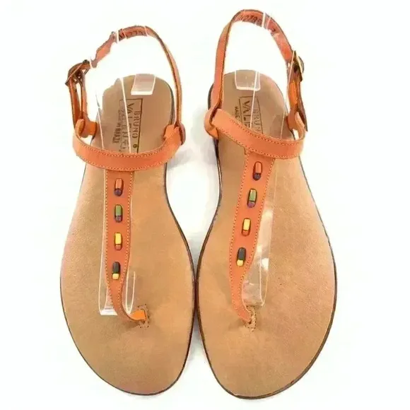 New Bruno Valenti womens sandals size 7 orange leather t-strap gem