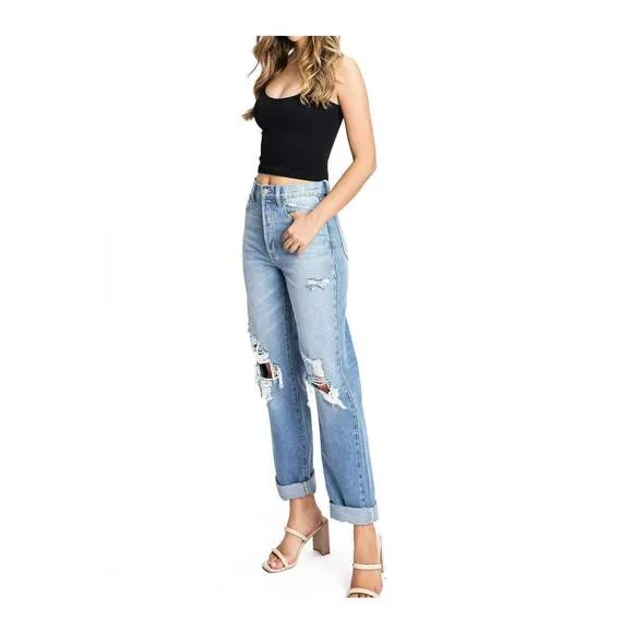 NEW CELLO high rise straight leg denim dad jeans in light denim