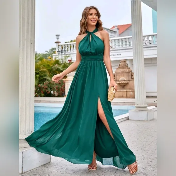 NEW Chic Flowy Split Leg Keyhole Cutout Tie Back Halter Maxi Dress Green