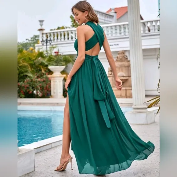 NEW Chic Flowy Split Leg Keyhole Cutout Tie Back Halter Maxi Dress Green