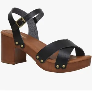 NEW! CUSHIONAIRE Slate Faux Wooden Heel Sandals Black 8.